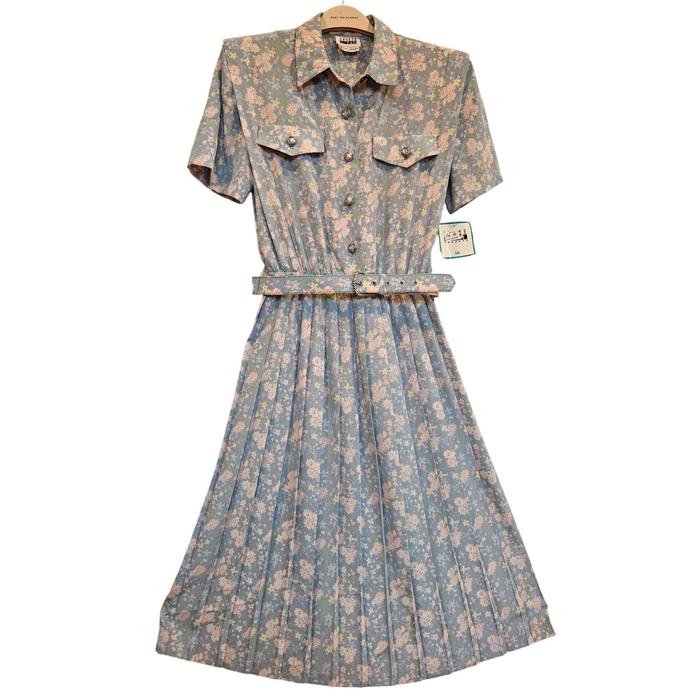 Vintage Leslie Fay Floral Shirt Dress Blue Pleated Midi Belted Size 10 NWT Y2K